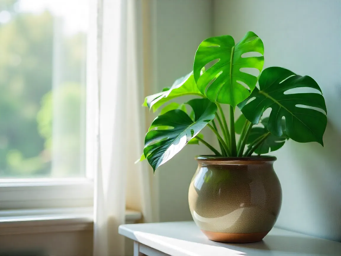 Beautiful Monstera Deliciosa houseplant in decorative pot